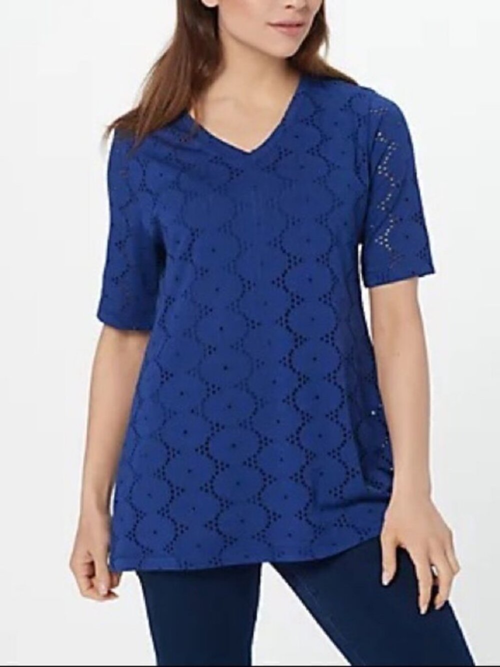 Isaac Mizrahi Knit Eyelet Rounded Swing Elbow Sleeves Top